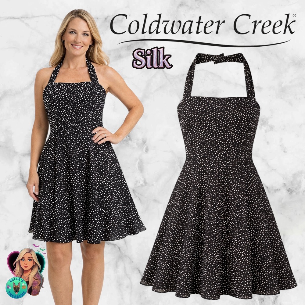 Coldwater Creek Women's 6 Silk Polka Dot Halter Dress Black Fit‎ Flare Coquette